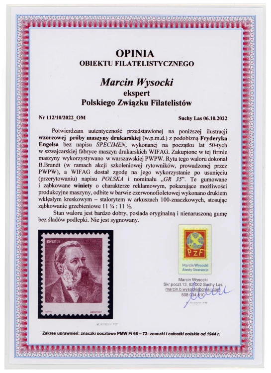 Engels Próba wzorcowa bez napisu SPECIMEN - opinia